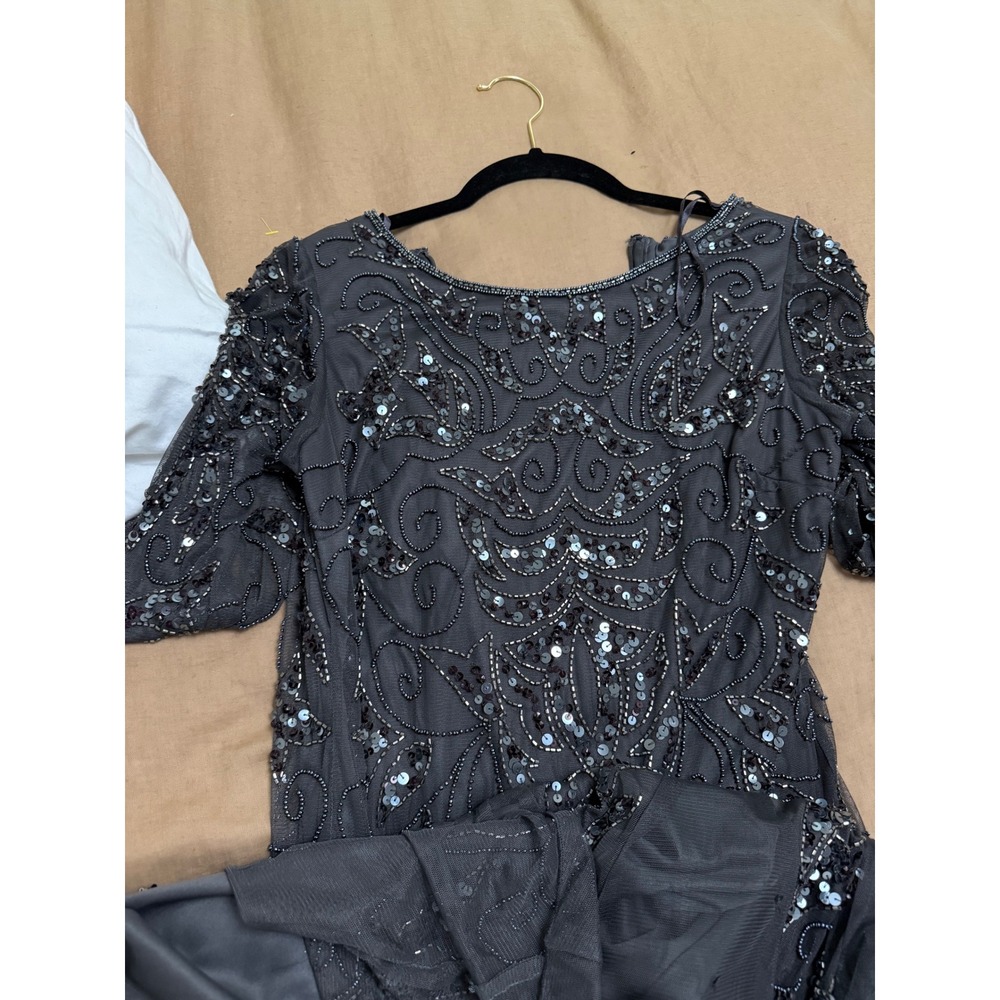 Pisarro Nights Gray Beaded Sequin Gown 3/4 Sleeve Formal Maxi Dress - Picture 13 of 14